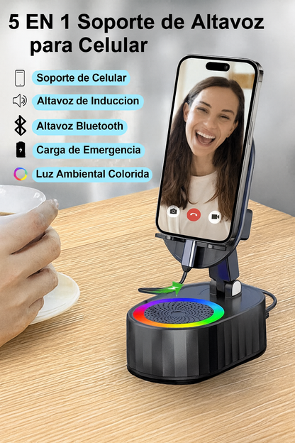 Cavari™ Altavoz Bluetooth 5-en-1 con Luz Ambiental – Soporte, Carga y Sonido Inalámbrico