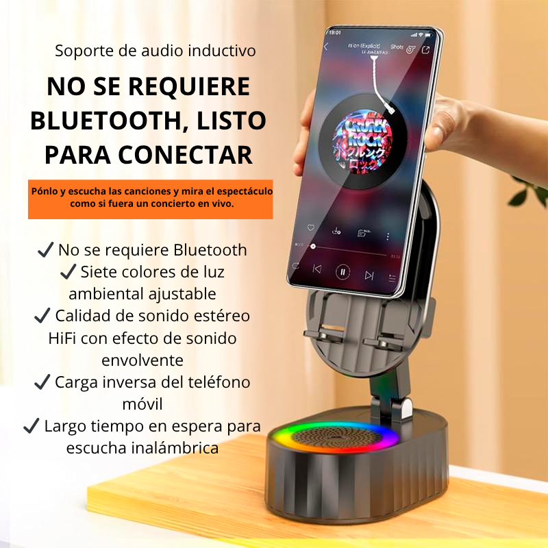 Cavari™ Altavoz Bluetooth 5-en-1 con Luz Ambiental – Soporte, Carga y Sonido Inalámbrico